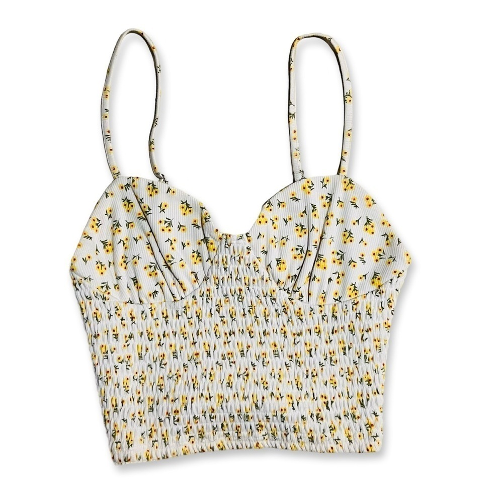 Forever 21 Bustier Smocked Tank Top in White + Yellow Floral Print | size Small - Picture 1 of 6
